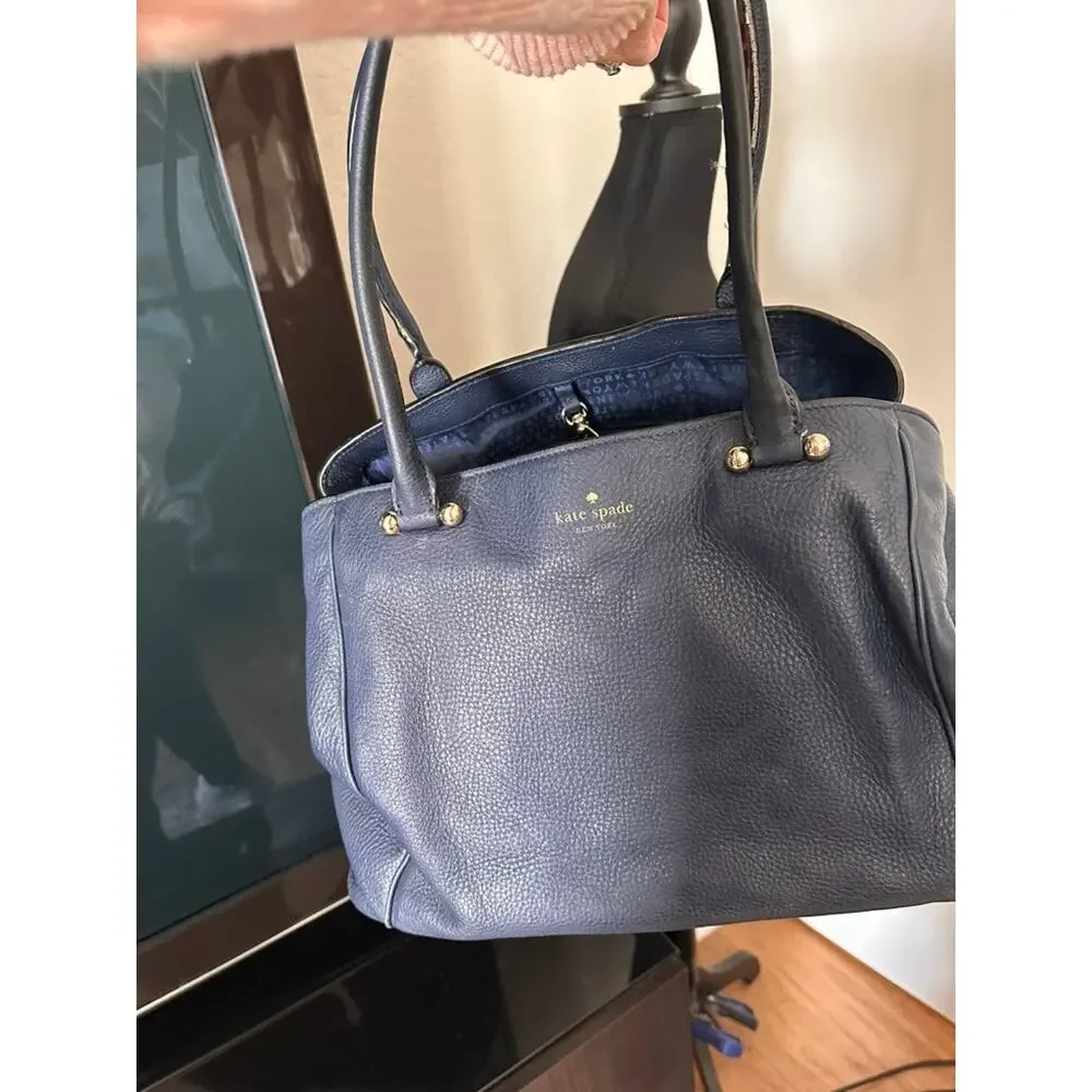 Kate Spade Cobble Hill Leslie Large Leather Purse Tote Navy Blue Gold Hardware